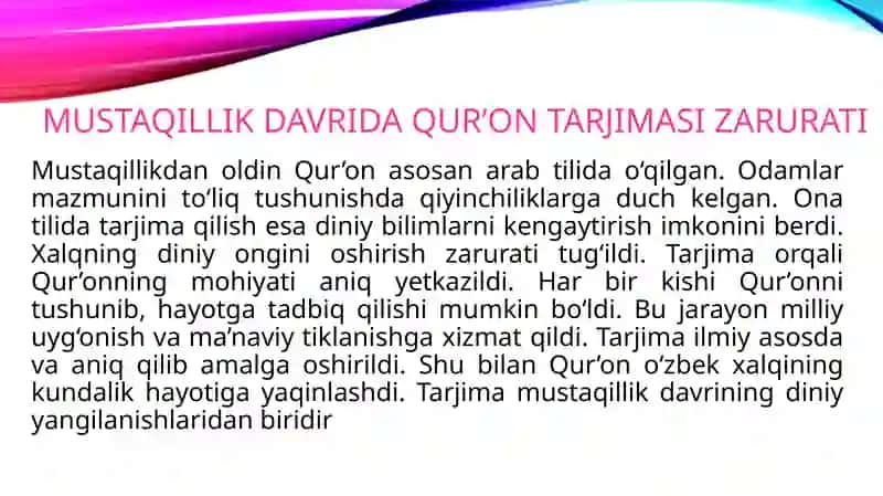 mustaqillik yillarida qur'onning o'zbek tiliga haqida tarjima qilinishi ppt 3