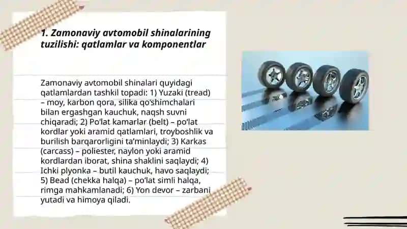 ZAMONAVIY AVTOMOBILLARDA ISHLATILADIGAN SHINALAR TUZILISHI, ISHLAB CHIQARISH TEXNALOGIYASI 3