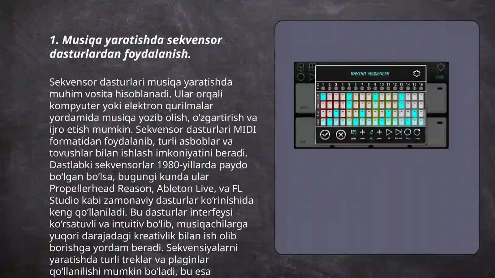 Musiqa madaniyati darsiga ishlanma yaratishda musiqa kompyuter texnologiyalaridan foydalanish. Sekvensor dasturlar 3