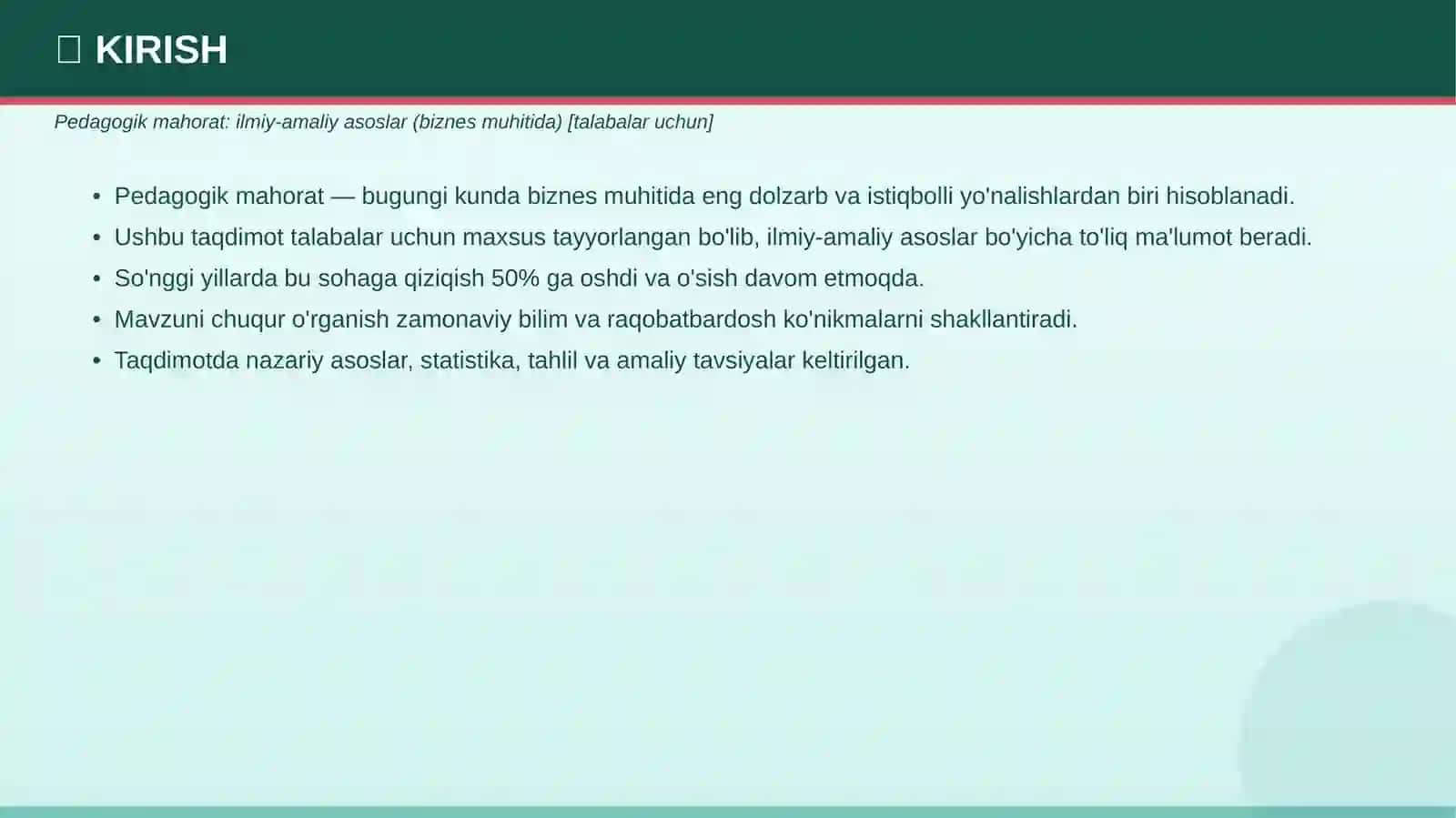 Pedagogik mahorat: ilmiy-amaliy asoslar (biznes muhitida) [talabalar uchun] 3