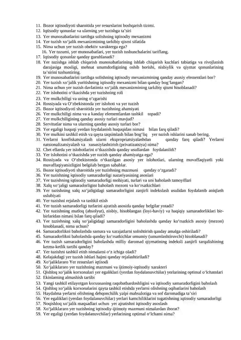Yer tuzish iqtisodi fanidan Nazorat savollari 3