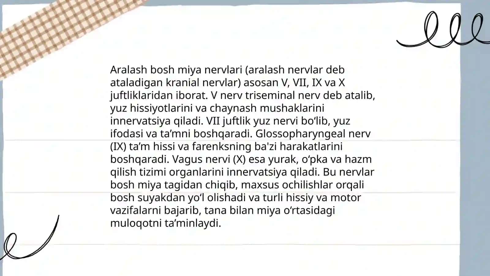 Aralash bosh miya nervlarining funksional va klinik anatomiyasi(9 va 12 juft)õzaklari,chiqish joylari,asosiy tarmoqlaei,innervatsiya sohalari.Quloq oldi sõlak innervatsiyasi 3
