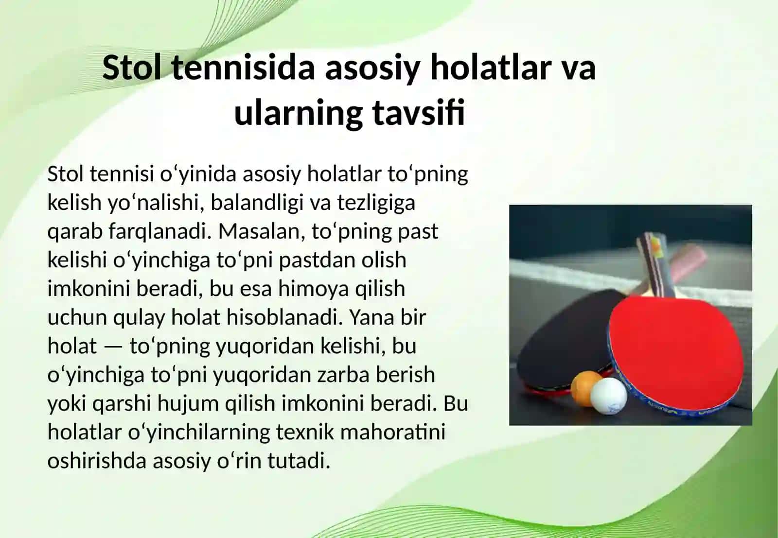 Stol tennisi oʻyinida uchraydigan holat va harakatlarga oʻrgatish 3