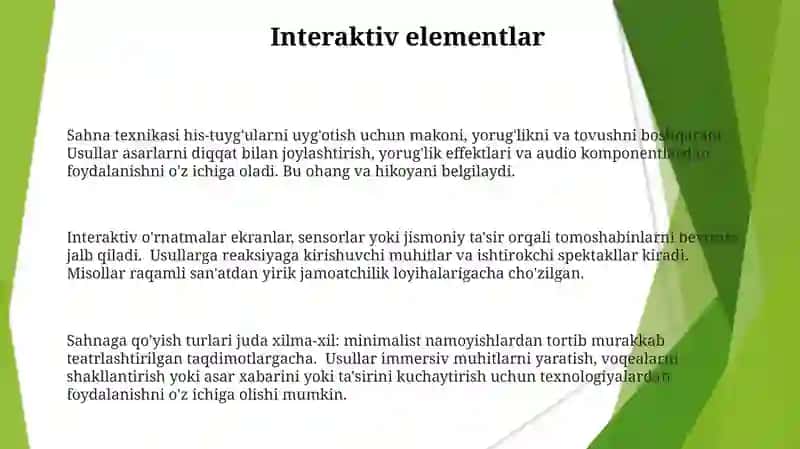 Badiiy asarni sahnalashtirish turlari va uni qo'yib ko'rsatish metodlari 3