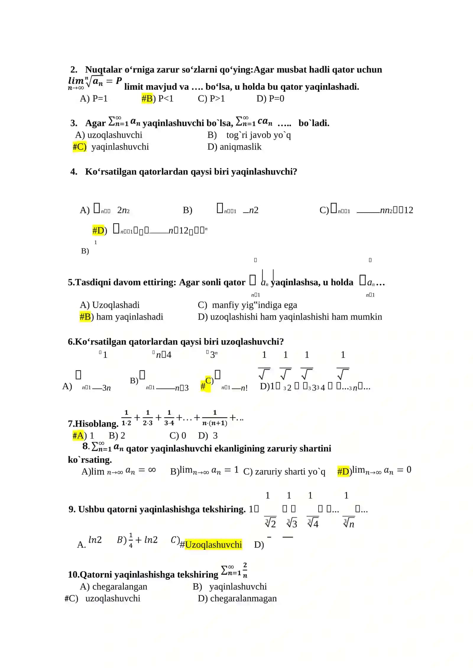 MATEMATIKA FANIDAN IV-SEMESTR MAVZULASHTIRILGAN TESTLAR 3