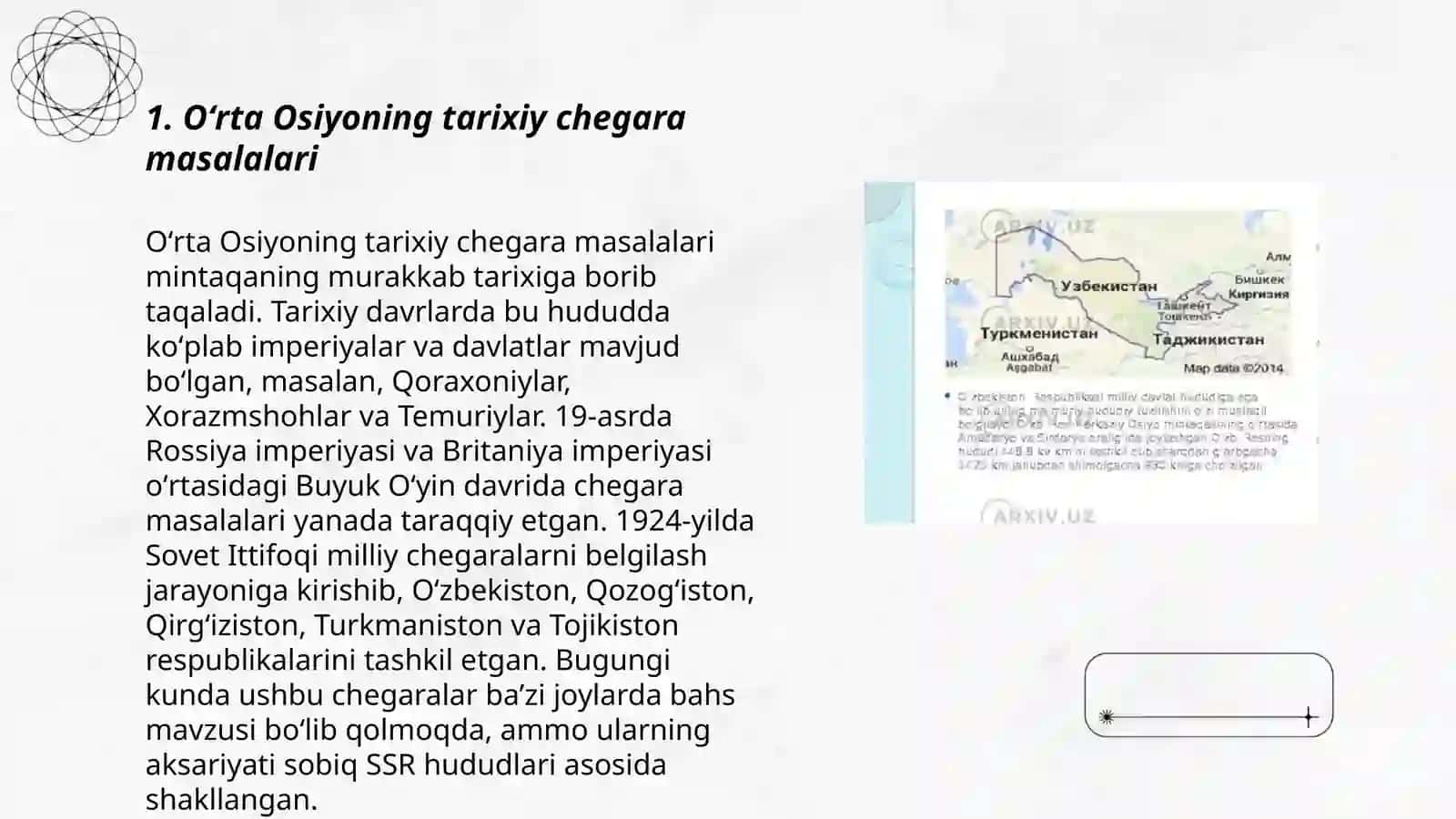 Oʻrta Osiyo hududiy chegaralanish O'zbekiston SSR ni tashkil topishi 3