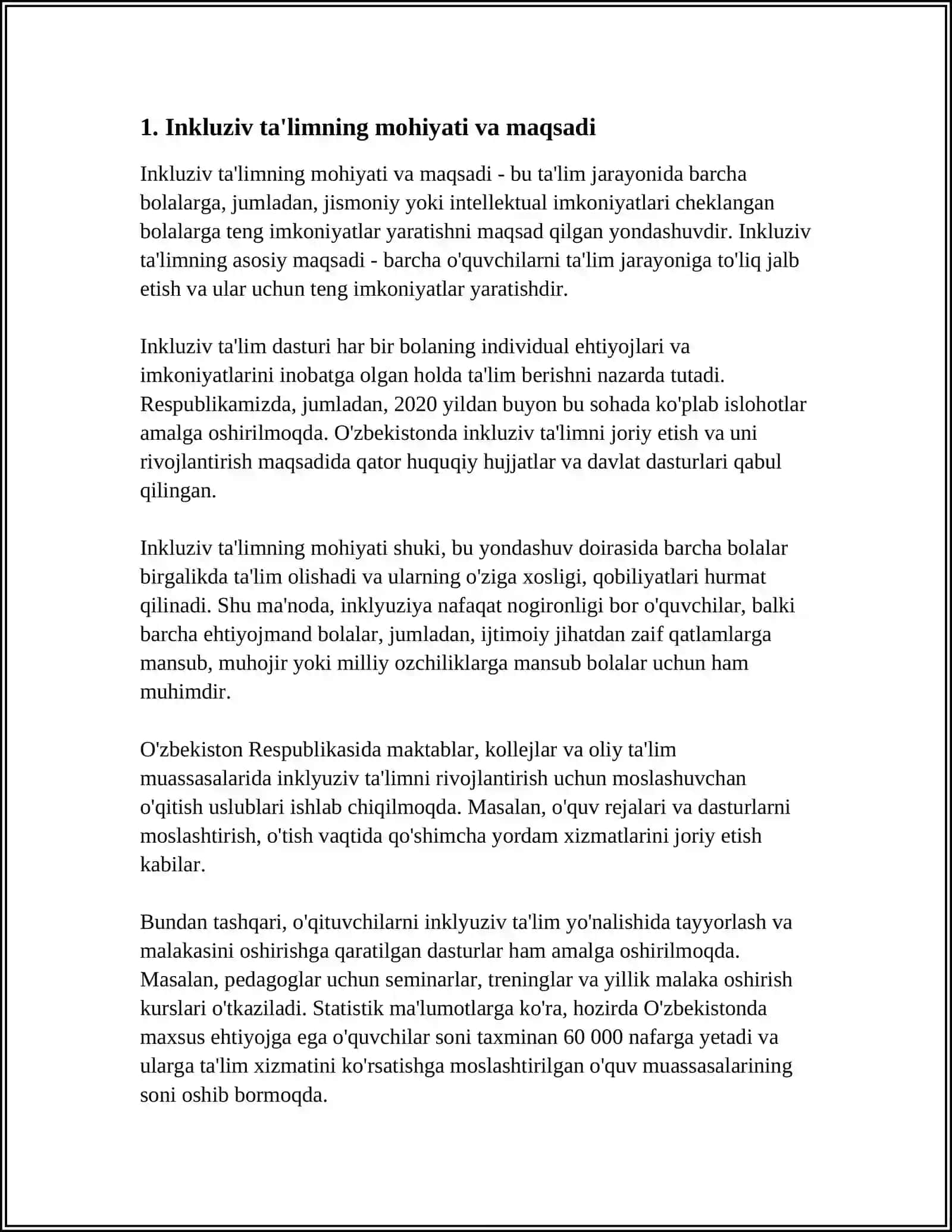 ALOHIDA YORDAMGA MUHTOJ BOLALARNI UMUMTA'LIM MAKTABI YOKI MAKTABGACHA TASHKILOTDA INKLYUZIV TA'LIM SHAROITIDA ÒQISHGA MOSLASHDA OILA VA MAKTABNING ÒRNI 3
