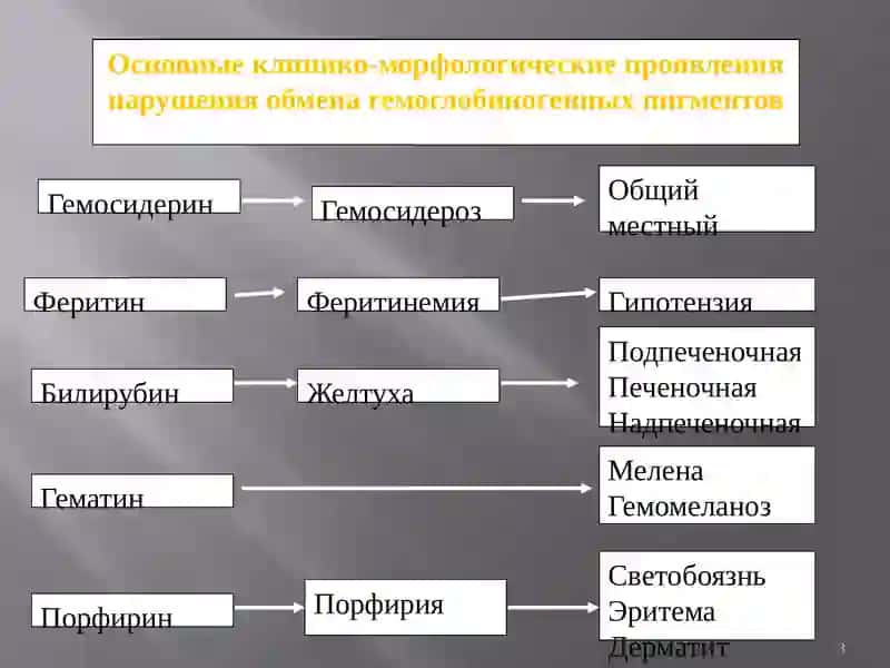 Основные клинико-морфологические проявления нарушения обмена гемоглобиногенных пигментов 3