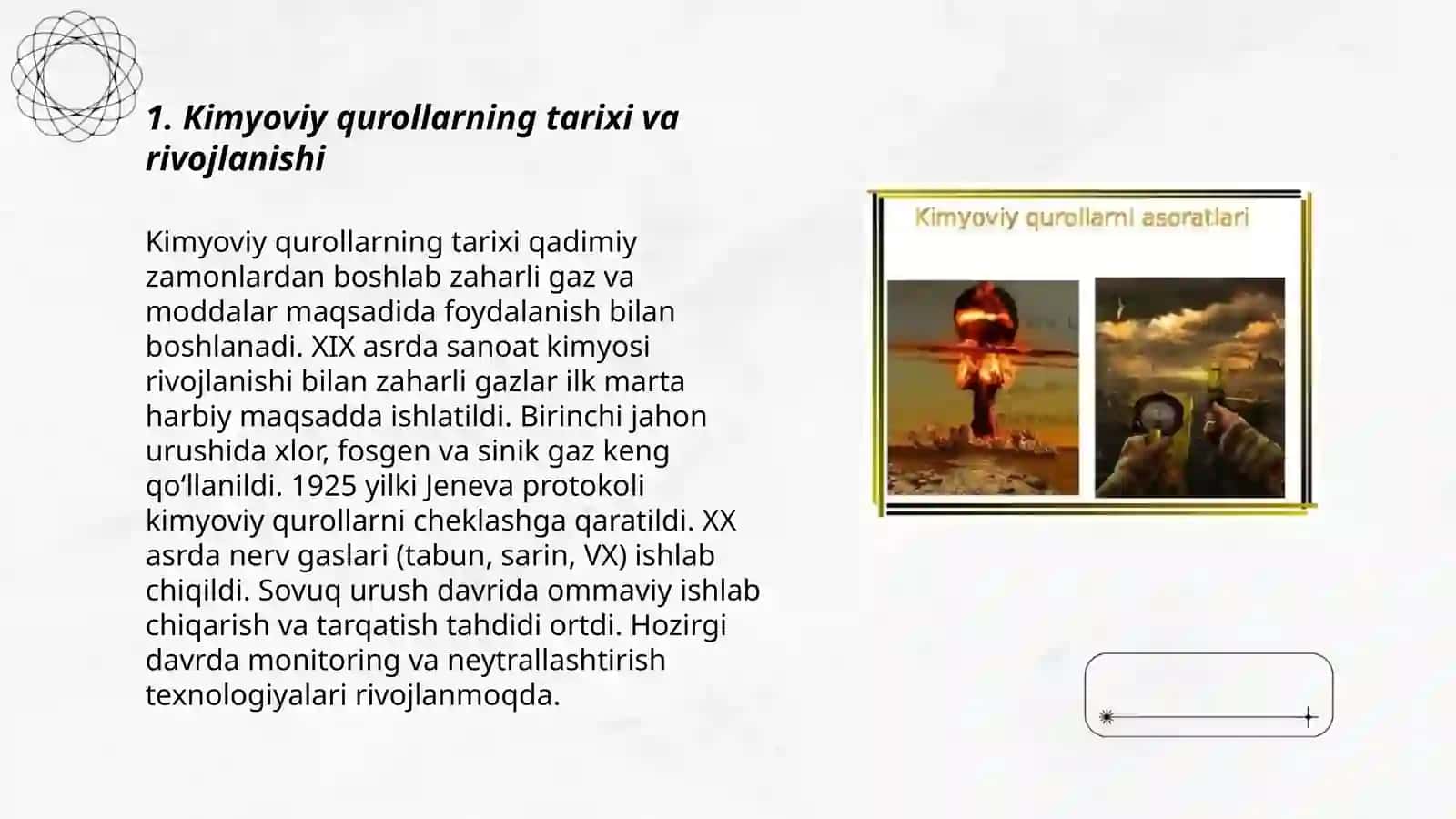 KIMYOVIY QUROL.ZAXARLI MODDALARNING TASNIFI.KIMYOVIY VAZIYATNI BAHOLASH 3