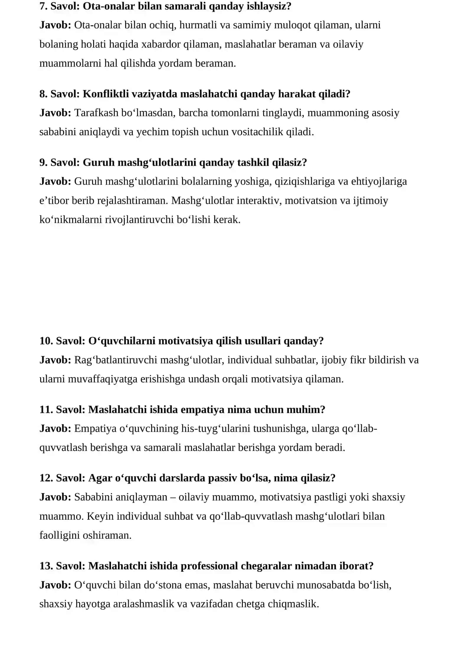 MAKTAB MASLAHATCHISI SUHBAT SAVOLLARI VA JAVOBLARI 3