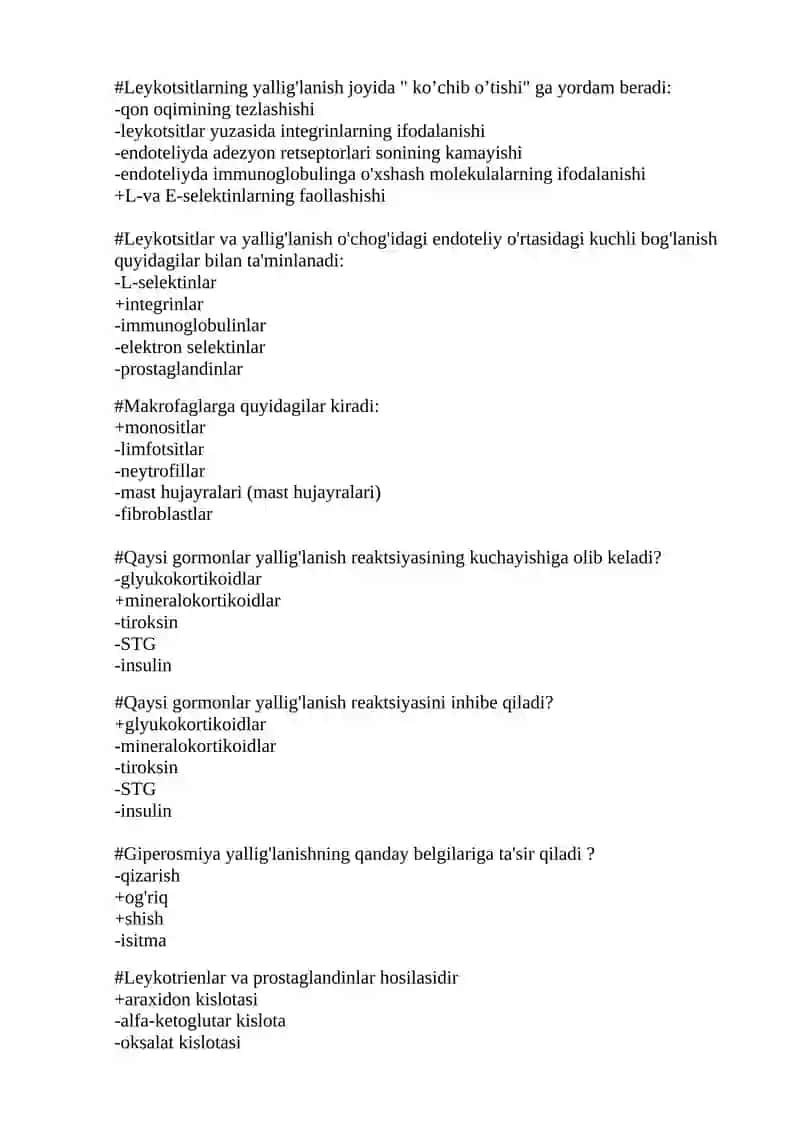 Yallig’lanishda eksudatsiya TEST 3