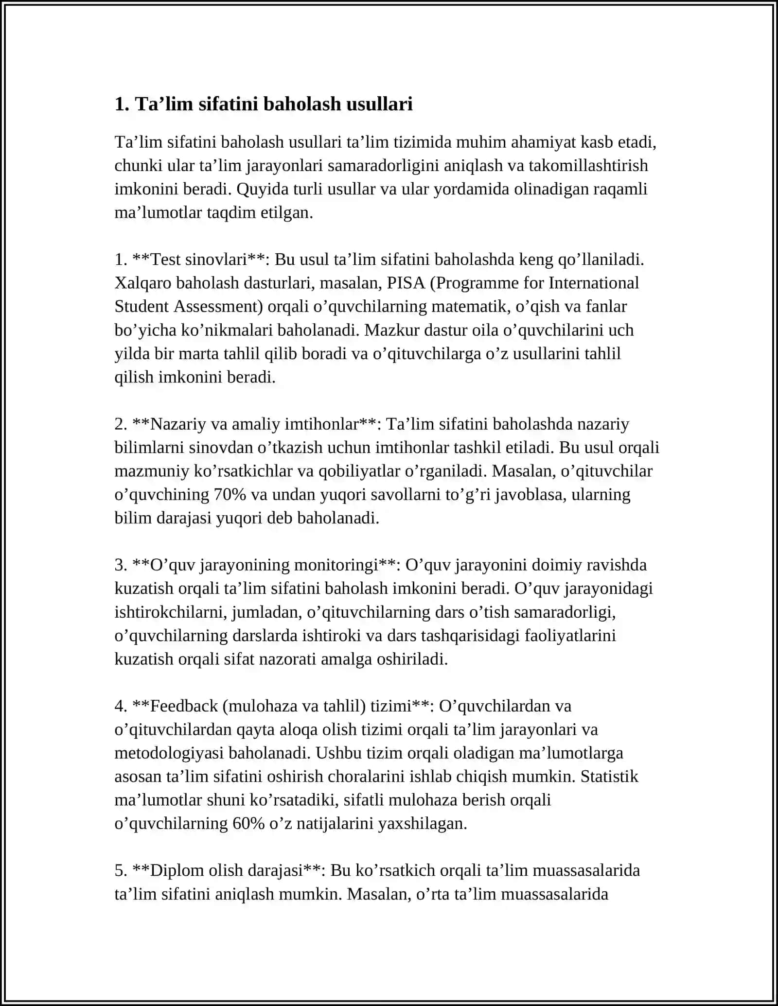 MODUL BOʻYICHA OʻZLASHTIRISH SIFATINI BAHOLASH VA OʻQUV JARAYONINI REJALASHTIRISH, MONITORING OLIB BORISH VA TA’LIM SIFATINI TA’MINLASH, TALABALAR BILIMINI BAHOLASH VA NAZORAT QILISH 3