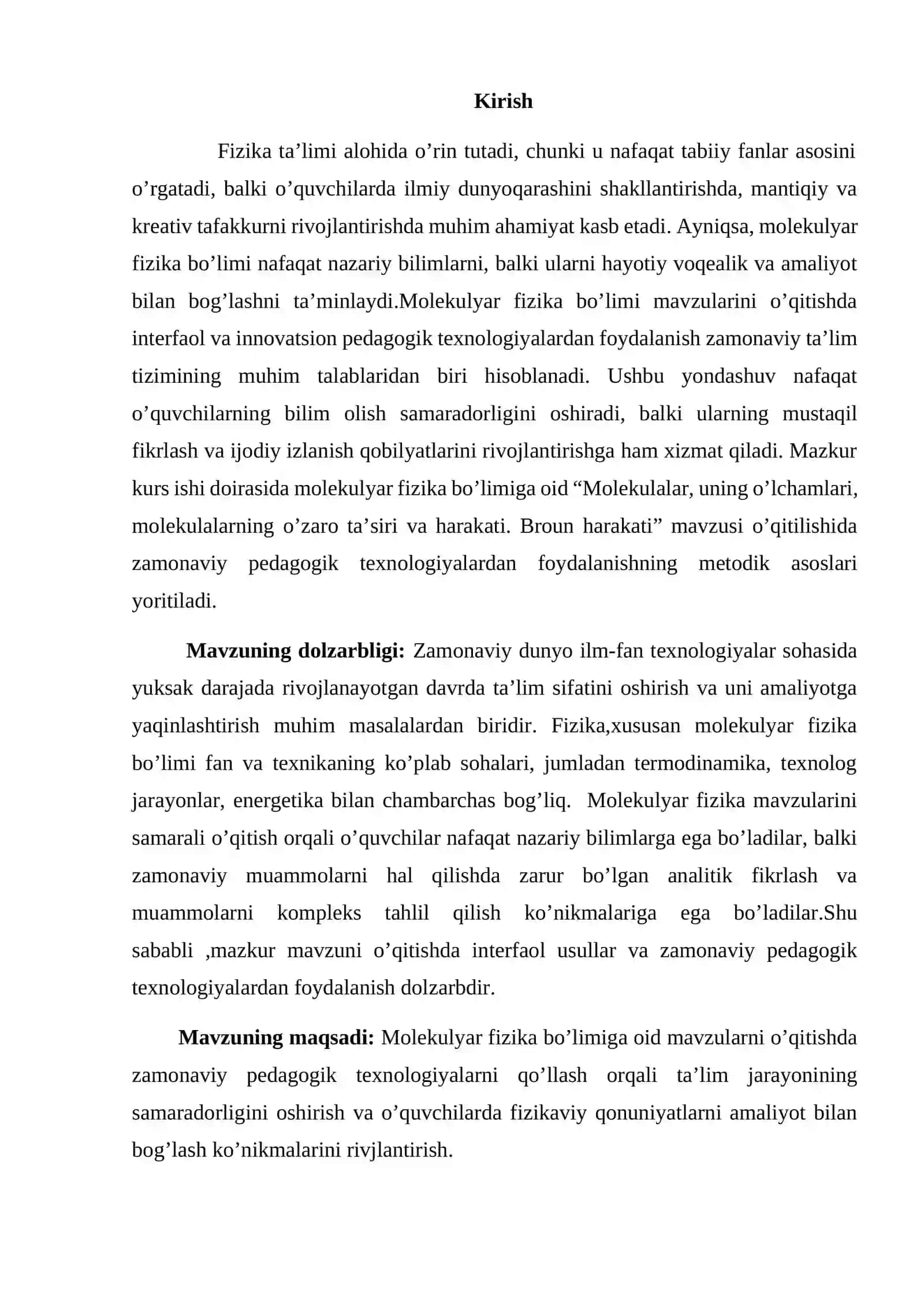 Molekulyar fizika bo’limiga oid mavzularni o’qitishda pedagogik texnologiyalardan foydalanish usullari mavzusida tayyor kurs ishi. 3
