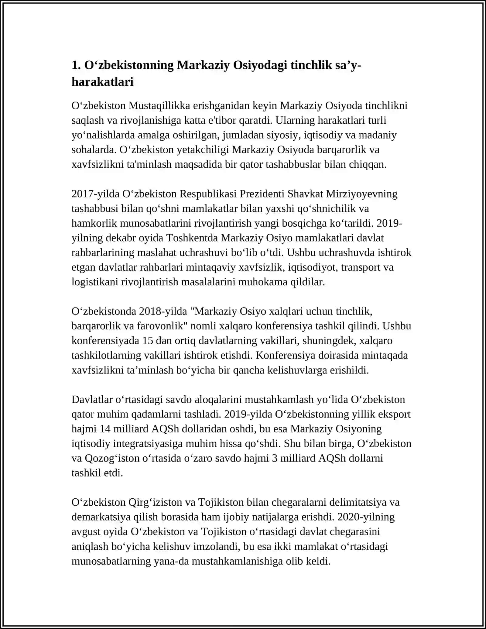 O‘zbekistonning Markaziy Osiyodagi Tinchlik va Barqarorlikni Taʼminlashdagi Oʻrni 3