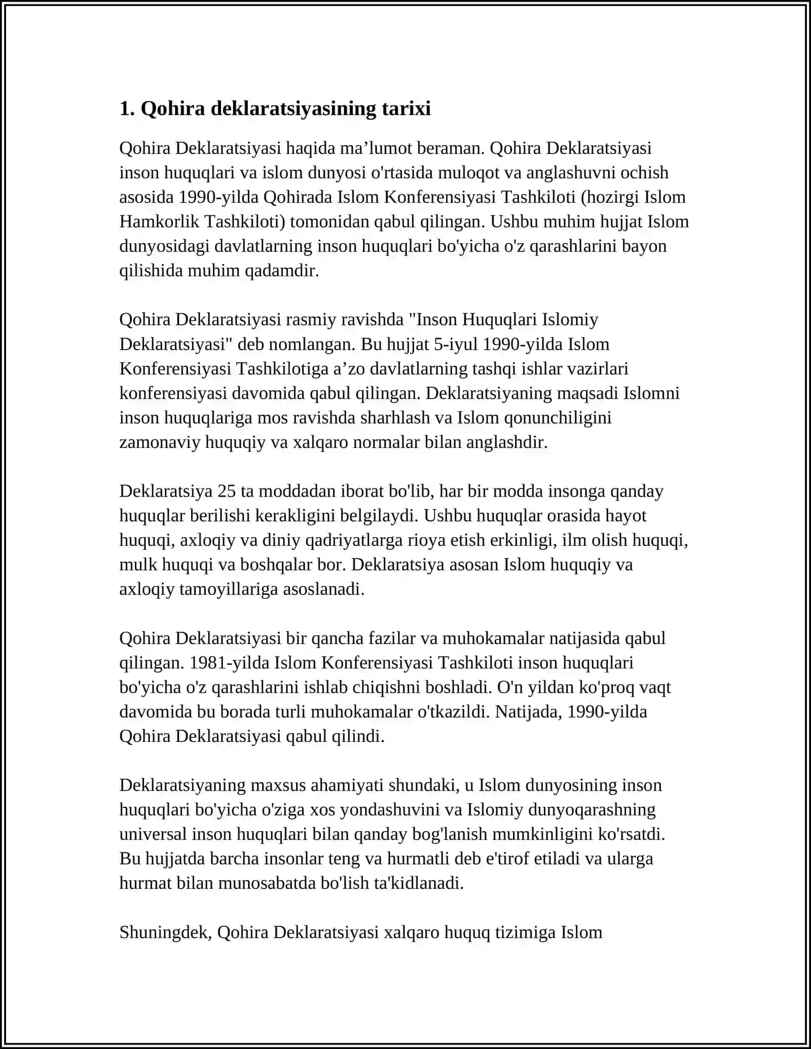 QOHIRA DEKLARATSIYASI TARIXI VA MAZMUNI BORASIDA TAHLILIY MAQOLA TAYYORLASH 3