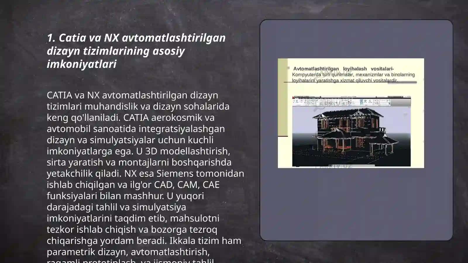Catia va Nx avtomatlashtirilgan loyihalash tizimlarining imkoniyatlari va mashinasozlikda qoʻllanilishi 3