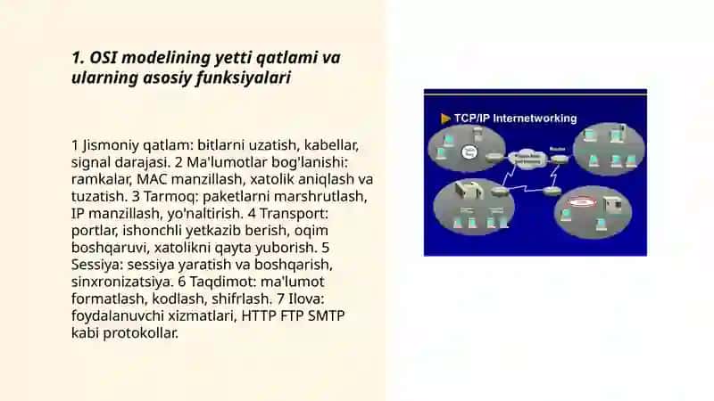 Kompyuter tarmoqlarining asosiy arxitektura modellari(OSI va TCP |IP)hamda ulardagi protokollar. EPON (Ethernet Passive Optical Network)texnologiyasi 3