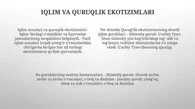 Yer Sharida Qurug'Lik Ekosistemalari Shartli Iqlimiy Guruhlar Va Ularni Muhum Biotsenozlari 3