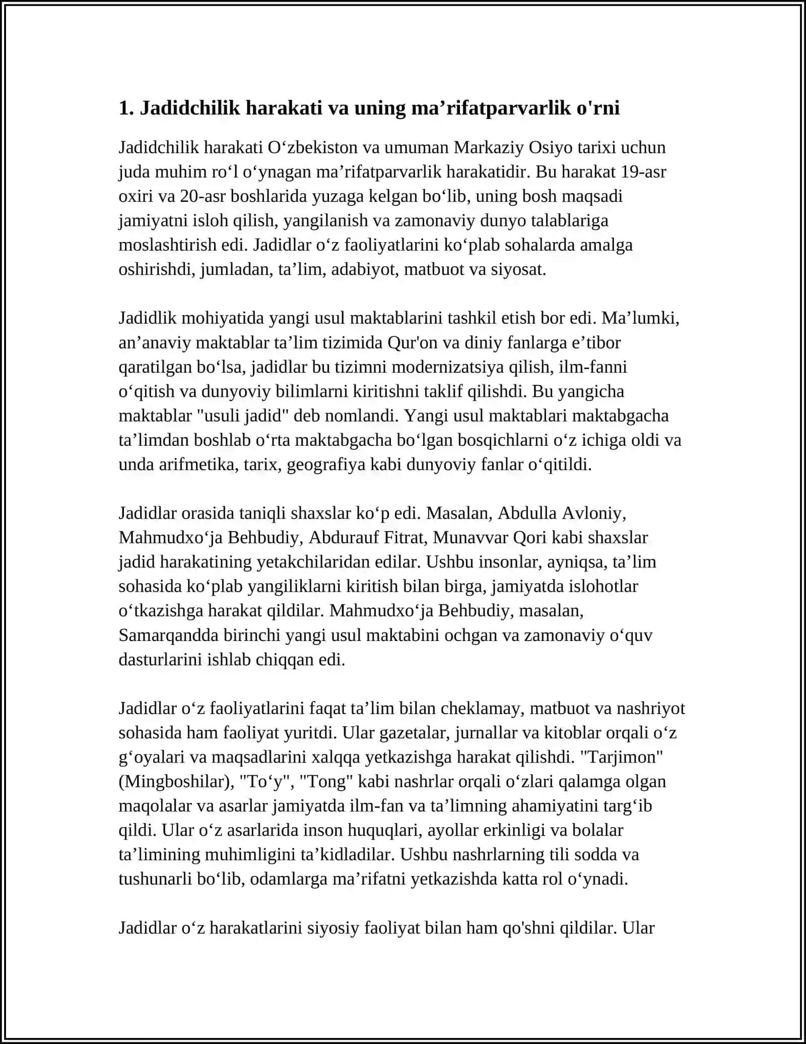 JADID MAʼRIFATPARVARLARINING OʻLKA IJTIMOIY MAʼNAVIY HAYOTIDA TUTGAN OʻRNI(MUNAVVARQORI BEHBUDIY AVLONIY FITRAT VA BOSHQALAR 3