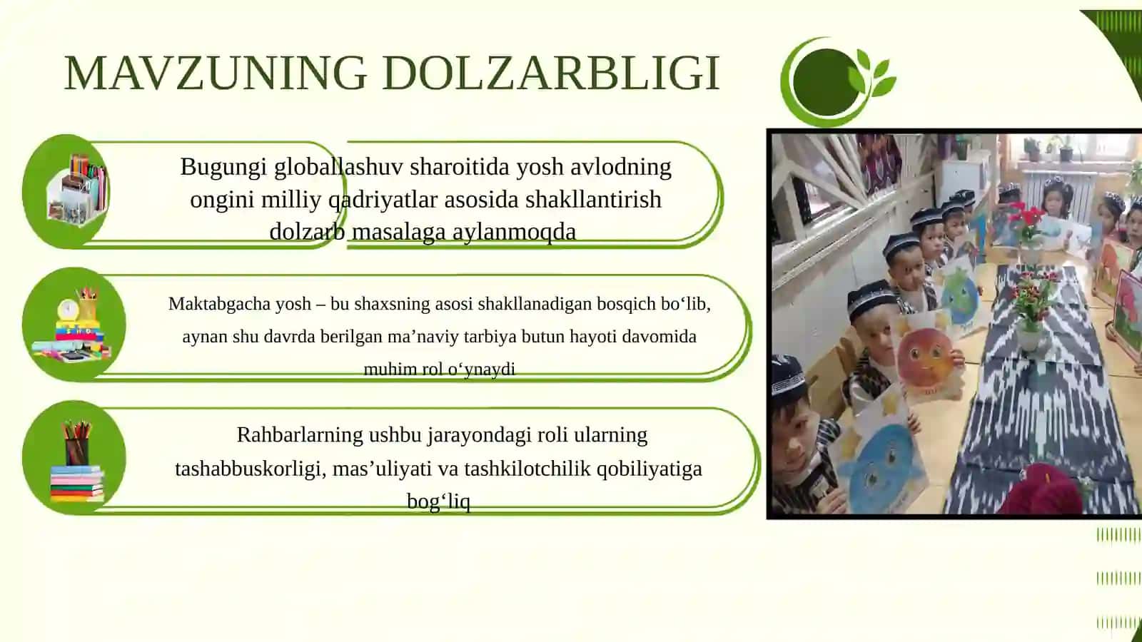 Maktabgachata’limvatarbiyada milliyqadriyatlarnitarg’ibetishda rahbarvazifalarivamas’uliyati 3