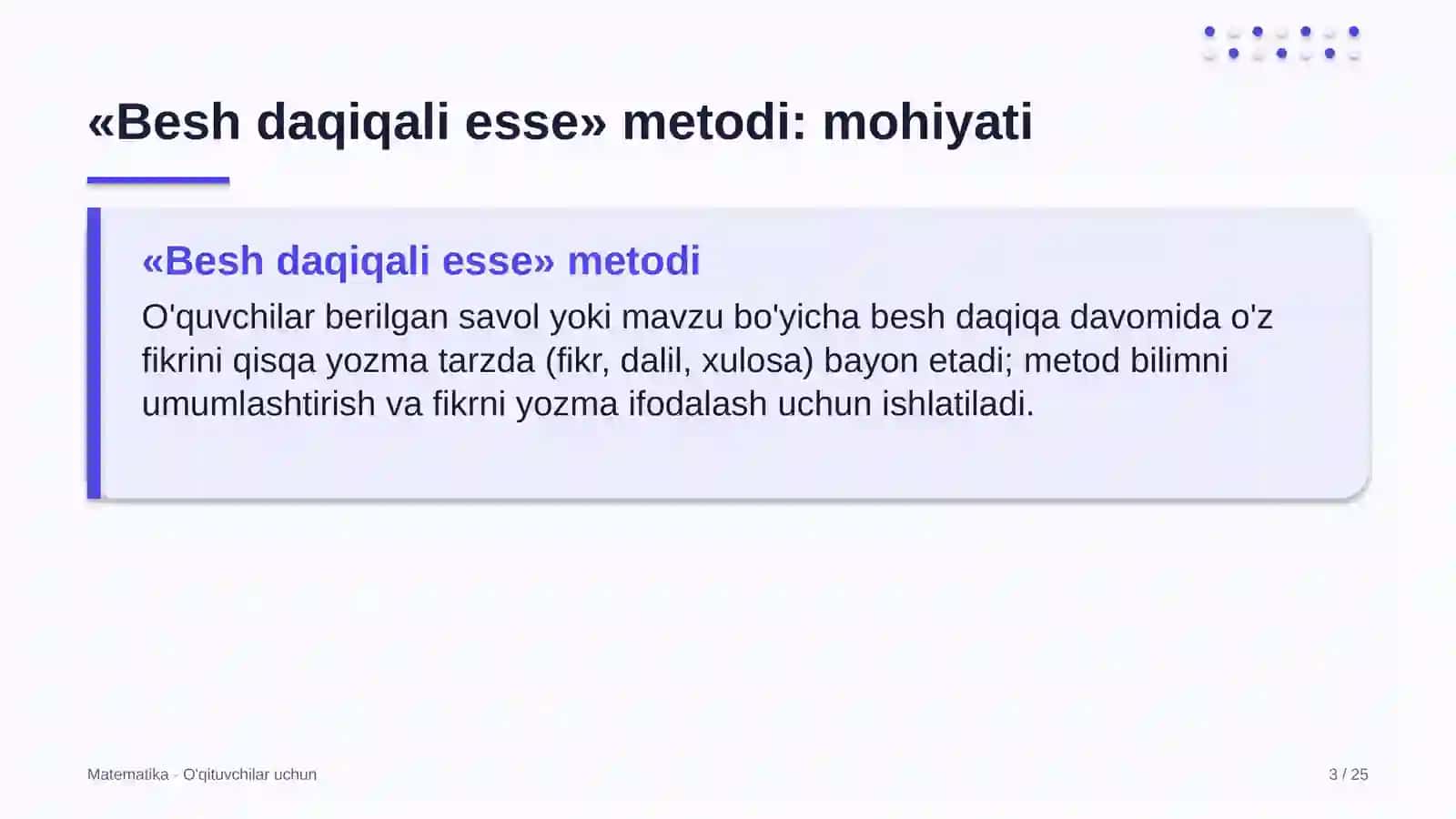 matematika darslarida besh daqiqali esse metodidan foydalanish 1269 3