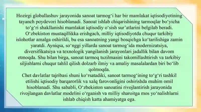 “Sanoat tarmoq tuzilmasi va tarkibiy siljishlar (O‘zbekiston va chet davlat misolida) 3
