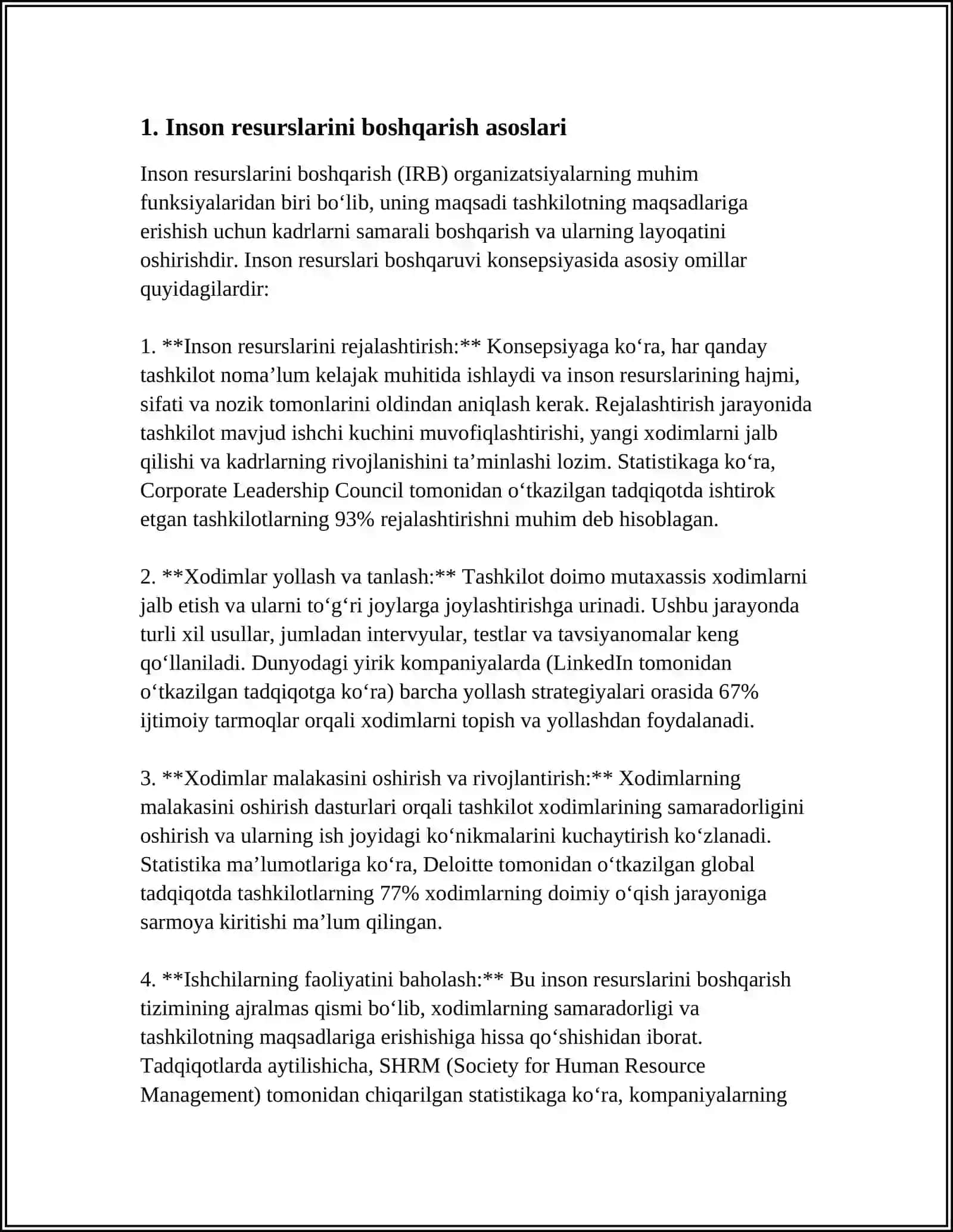 MUSTAQIL ISH Mavzu: INQIROZ SHAROITIDAGI KORXONA UCHUN INSON RESURSLARINI BOSHQARISH STRATEGIYASI 3