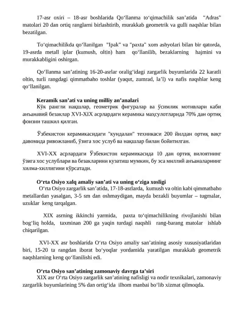 Oʻrta Osiyoning 16- 20 asr boshlaridagi sanʼati tavsifi va oʻziga xos jihati 3