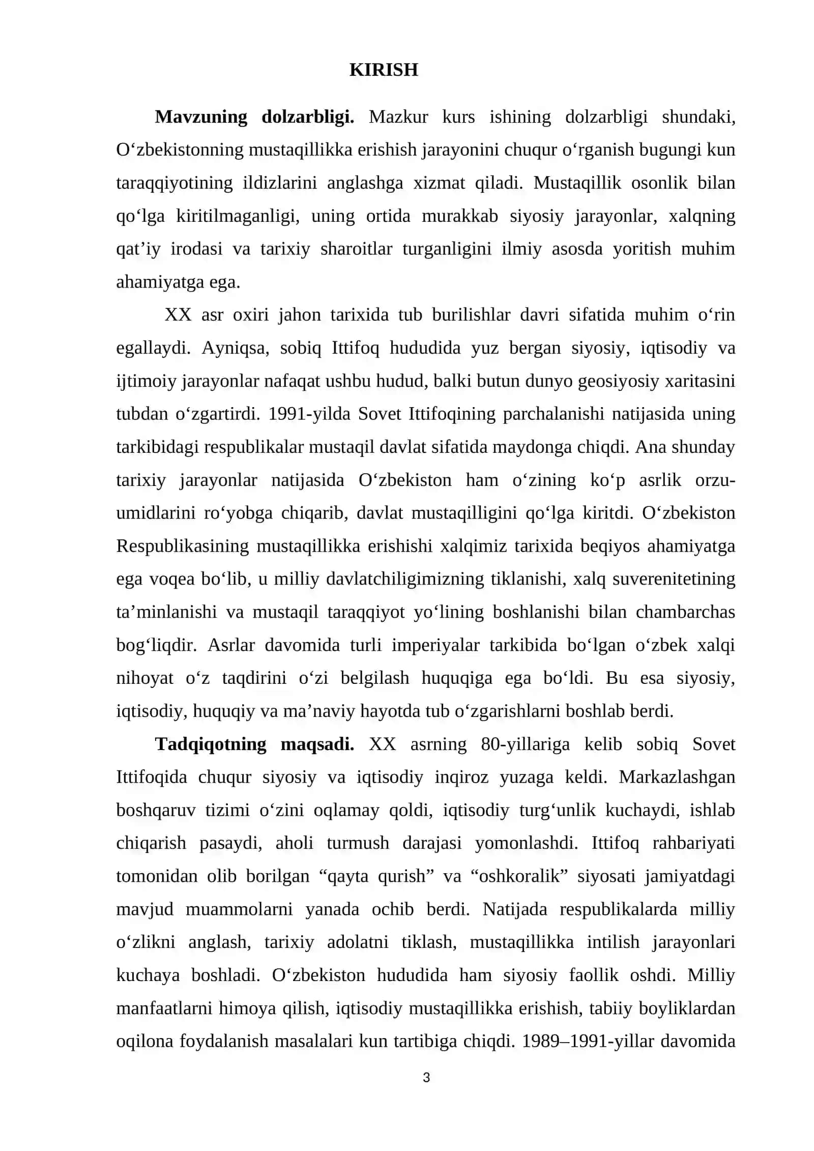 "O‘ZBEKISTONNING MUSTAQILLIKKA ERISHISHI" KURS ISHI 3