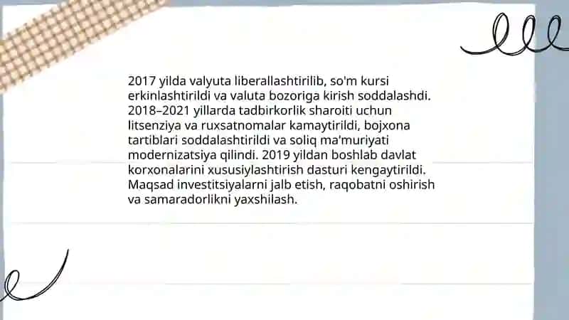 Prezident Sh. Mirziyoev rahbarligi va tashabbusi ostida amalga oshirilayotgan islohotlar 3