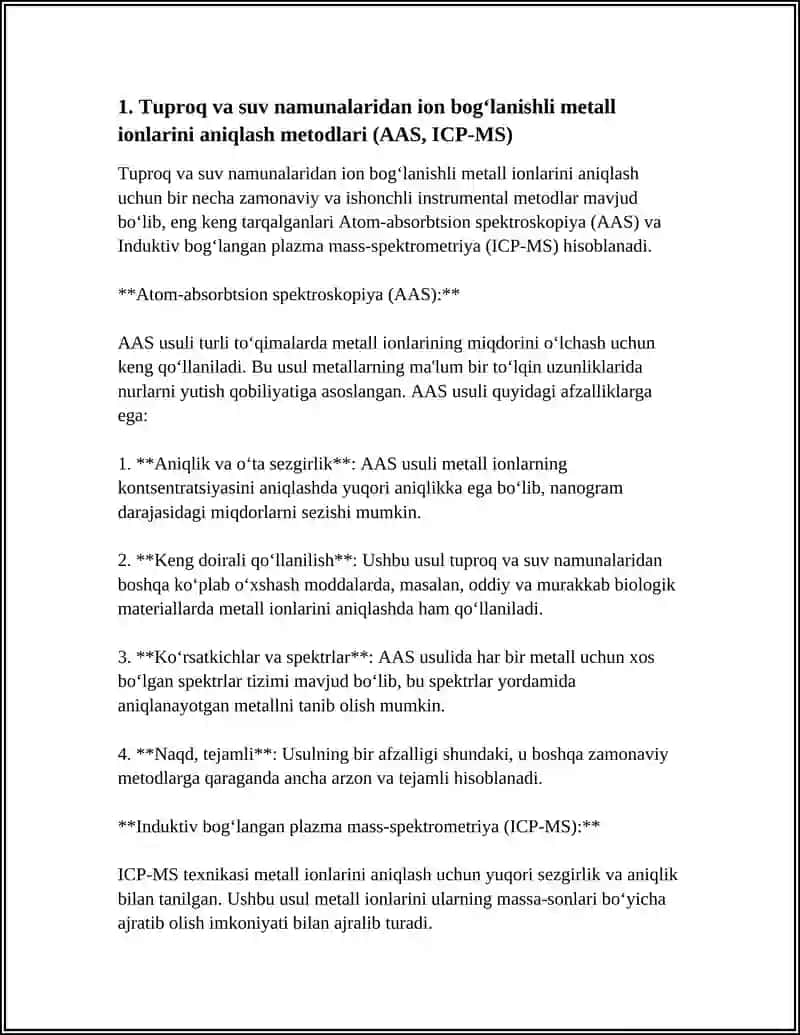 Tuproq va suv namunalaridan ion bogʻlanishli metall ionlarini aniqlash metodlari (AAS, ICP-MS) 3