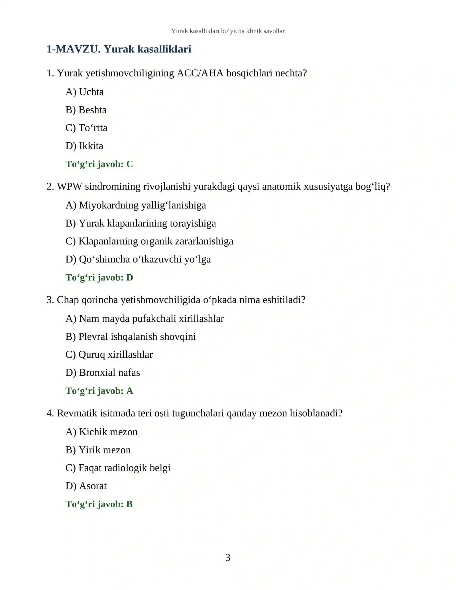 Yurak kasalliklari bo‘yicha klinik savollar 3