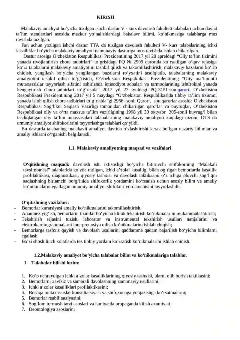 Davolash fakulteti v kurs talabalari uchun ishchi o‘quv dasturi 3