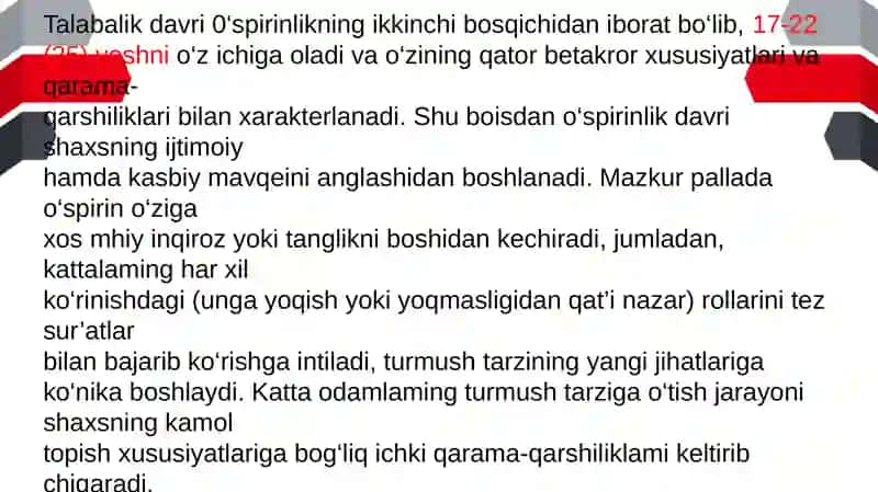 Talabalik davri 0‘spirinlikning ikkinchi bosqichi 3