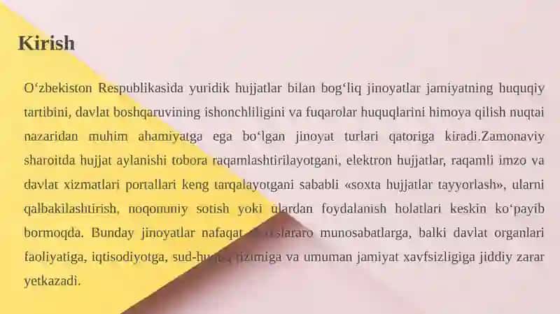 O‘zbekiston Respublikasi Jinoiyat qonun chiligiga asosan yuridik hujjatlar bilan bog‘liq jinoiyatlar 3