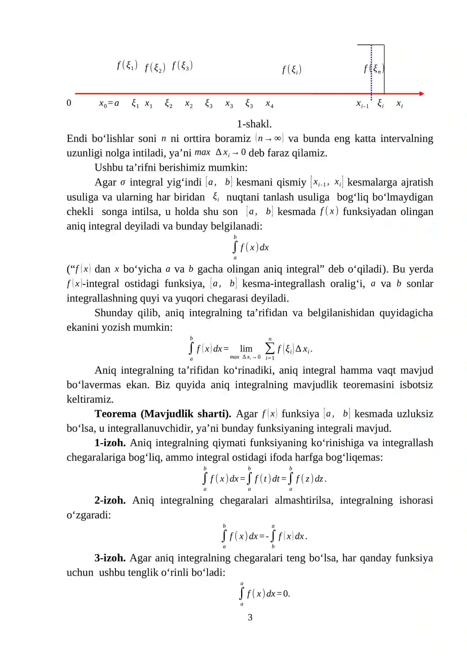 Aniq integral ta’rifi (Riman yig’indilari). O’rta qiymat haqidagi teorema 3