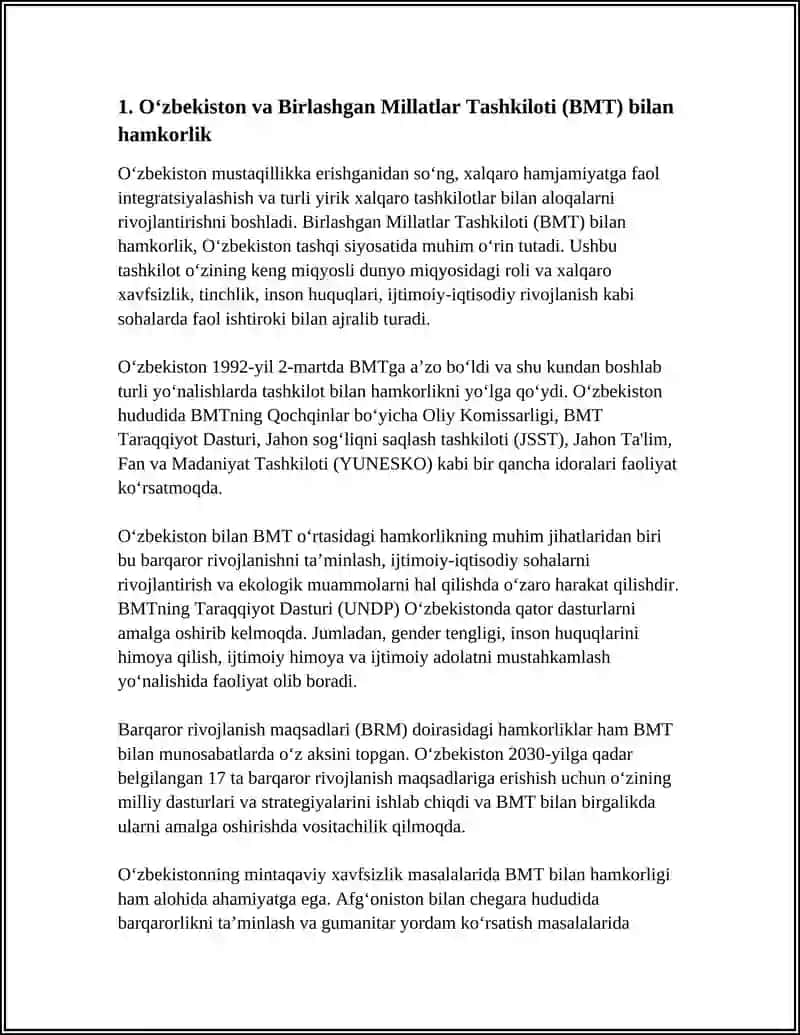 Oʻzbekistonning Xalqaro Tashkilotlar Bilan Hamkorlik Aloqalari 3