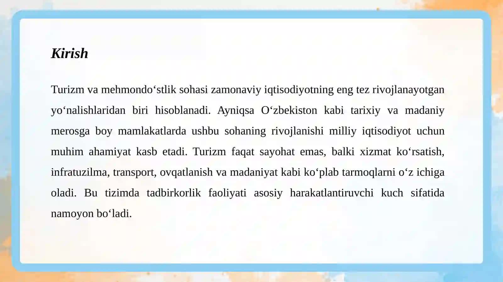 Turizm va mehmondo‘stlik datadbirkorlikning o‘rni va roli 3