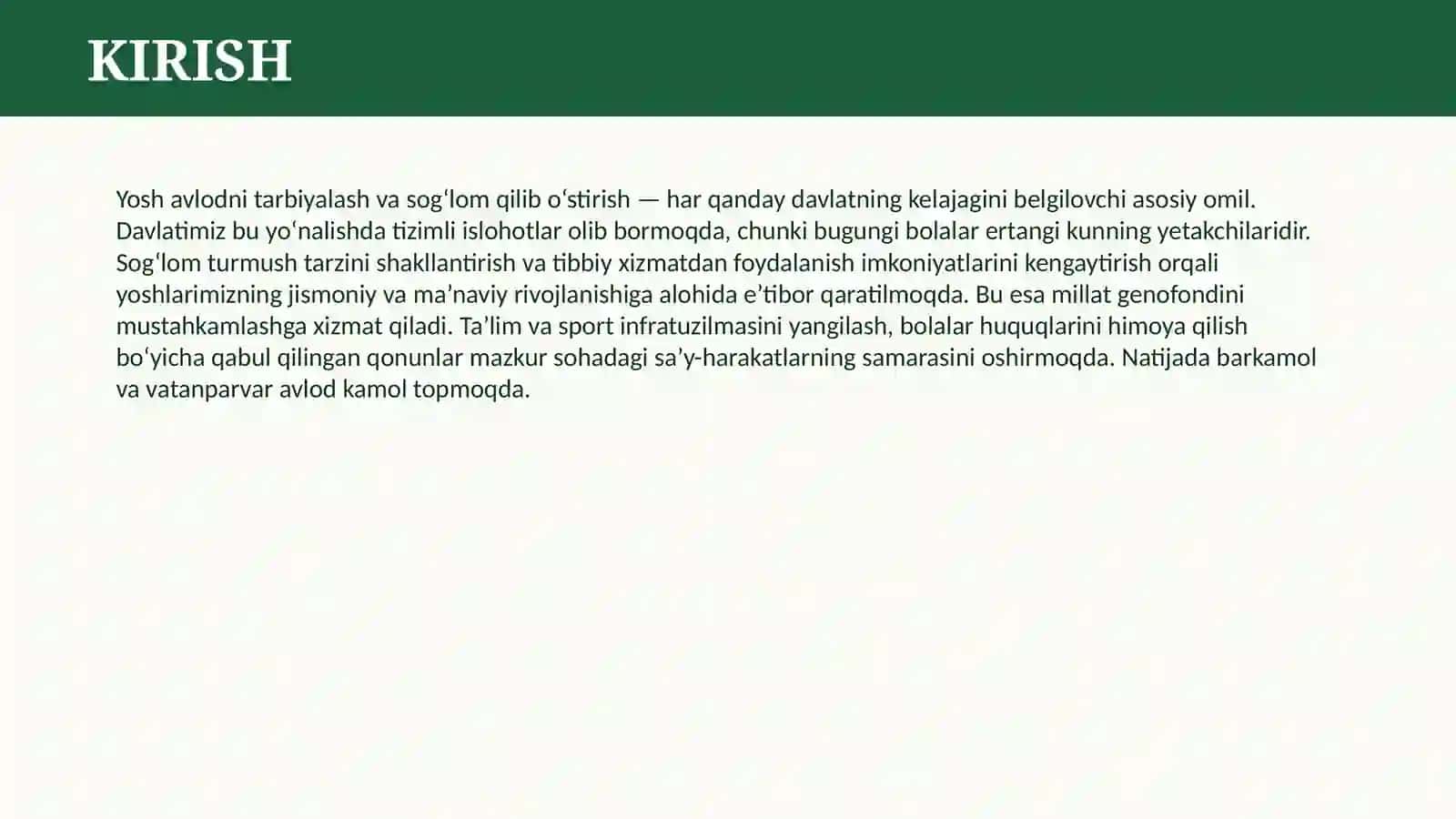 DAVLATIMIZNING YOSH AVLODNI TARBIYALSH VA SOG’LIG’INI HIMOYA QILISH YO’LIDAGI OLIB BORAYOTGAN ISHLARI 3