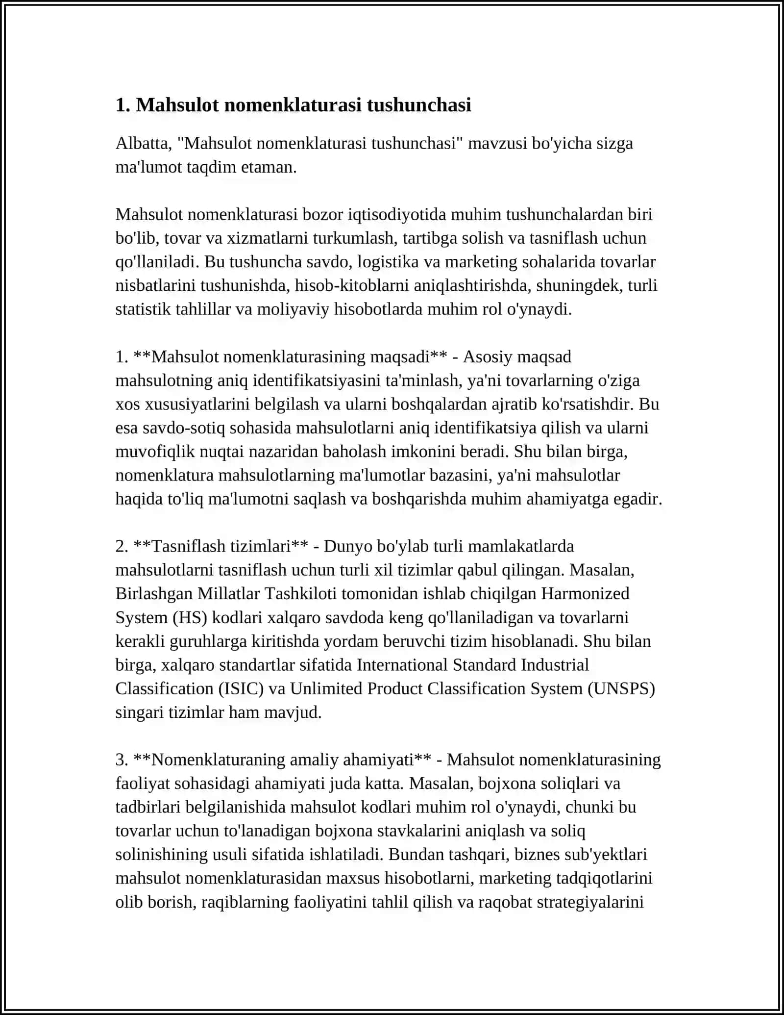 MAHSULOT NOMENKLATURASI VA ASSARTIMENTI HAJMINING TAHLILI, REKERAT/MUSTAQIL ISH 3