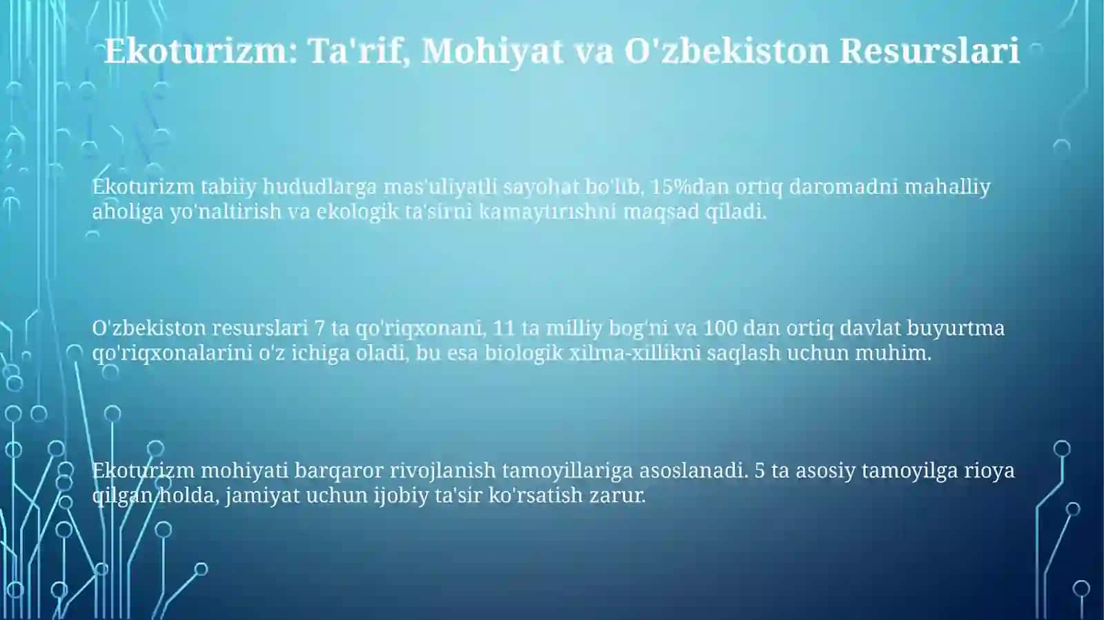 Oʻzbekiston Ekoturizm va uni rivojlantirish omillari 3
