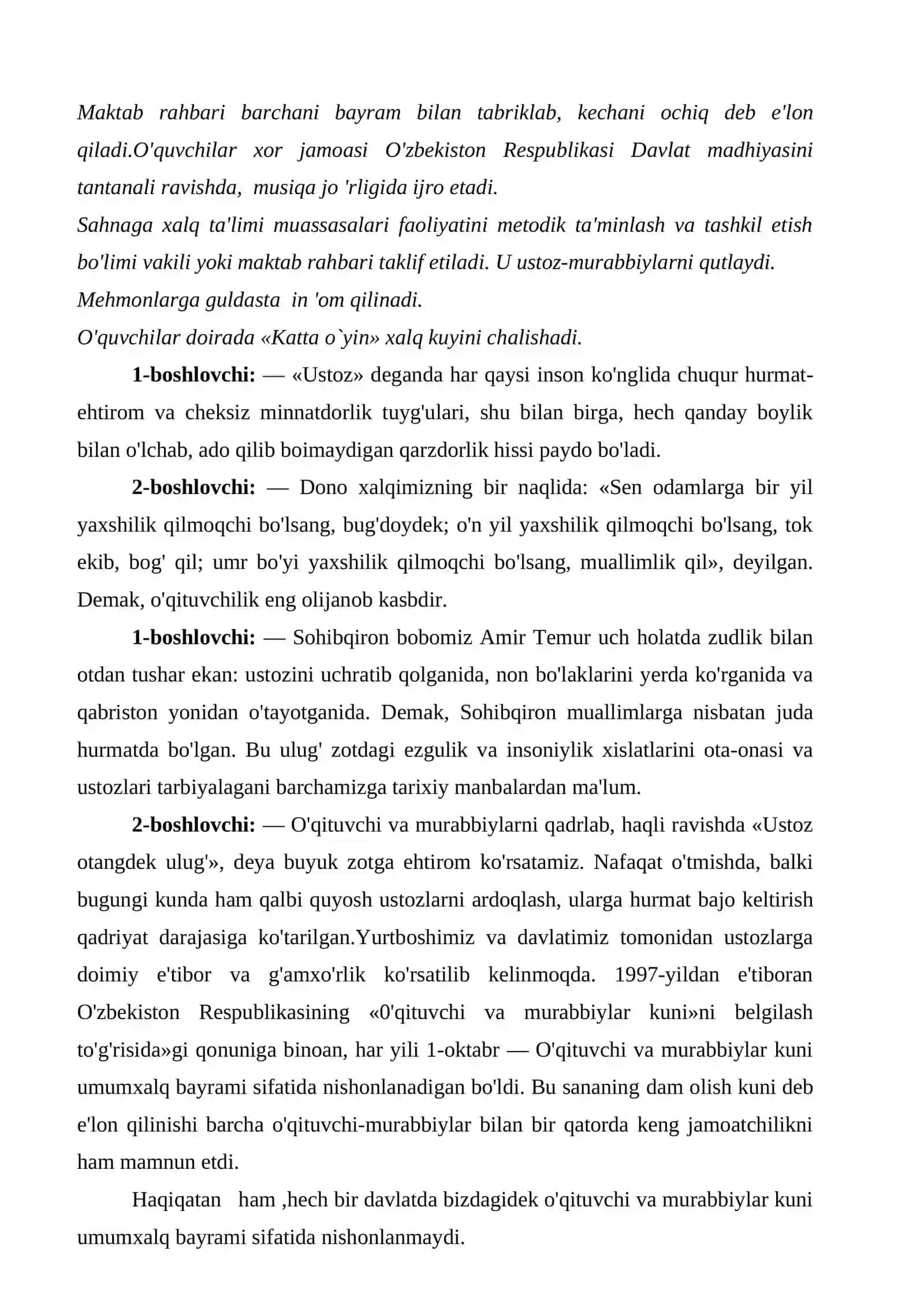 Ustozim -  ulug’  faxrim senariy 3
