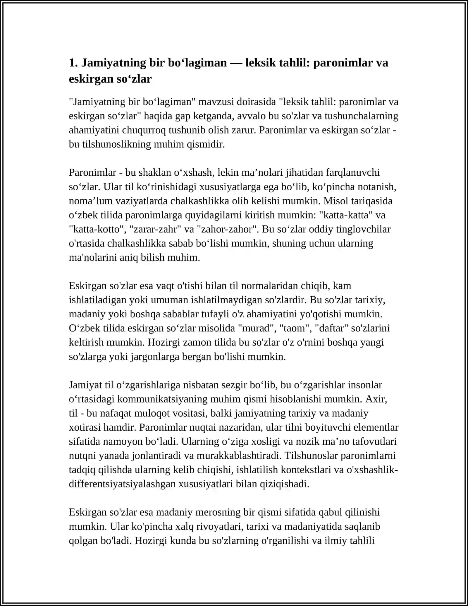 Jamiyatning bir boʻlagiman. Paronim eskirgan soʻzlar 3