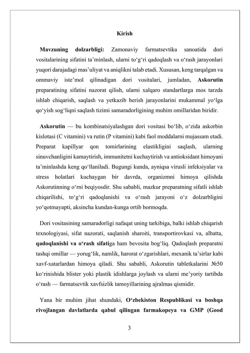 Askorutin tabletkasini №50 sifatini baholash, qadoqlash va o’rash 3