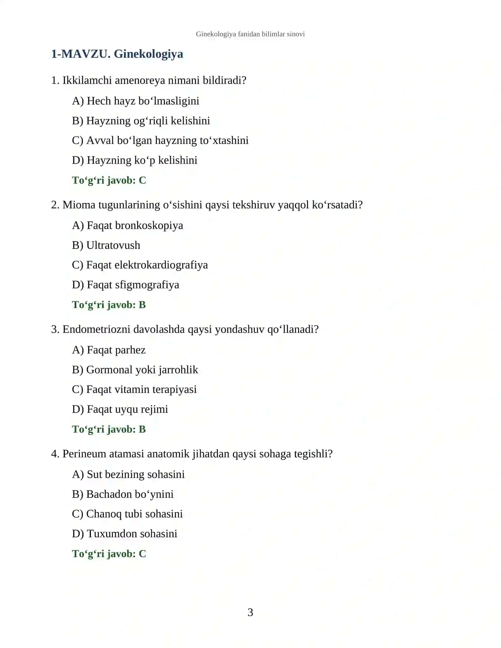 Ginekologiya fanidan bilimlar sinovi 3