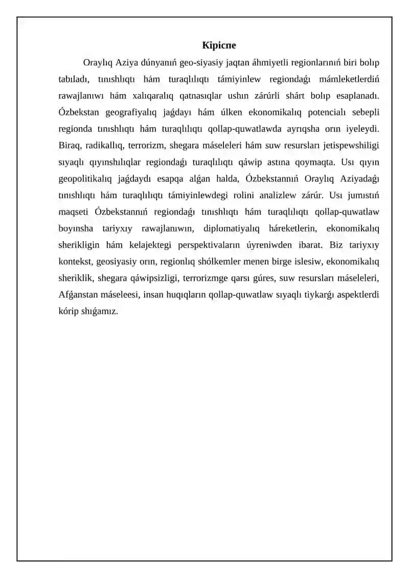 O'zbekstannin' Oraylıq Aziyada tınıshlıq ha'm turaqlılıqtı ta'miyinlewdegi ornı 3