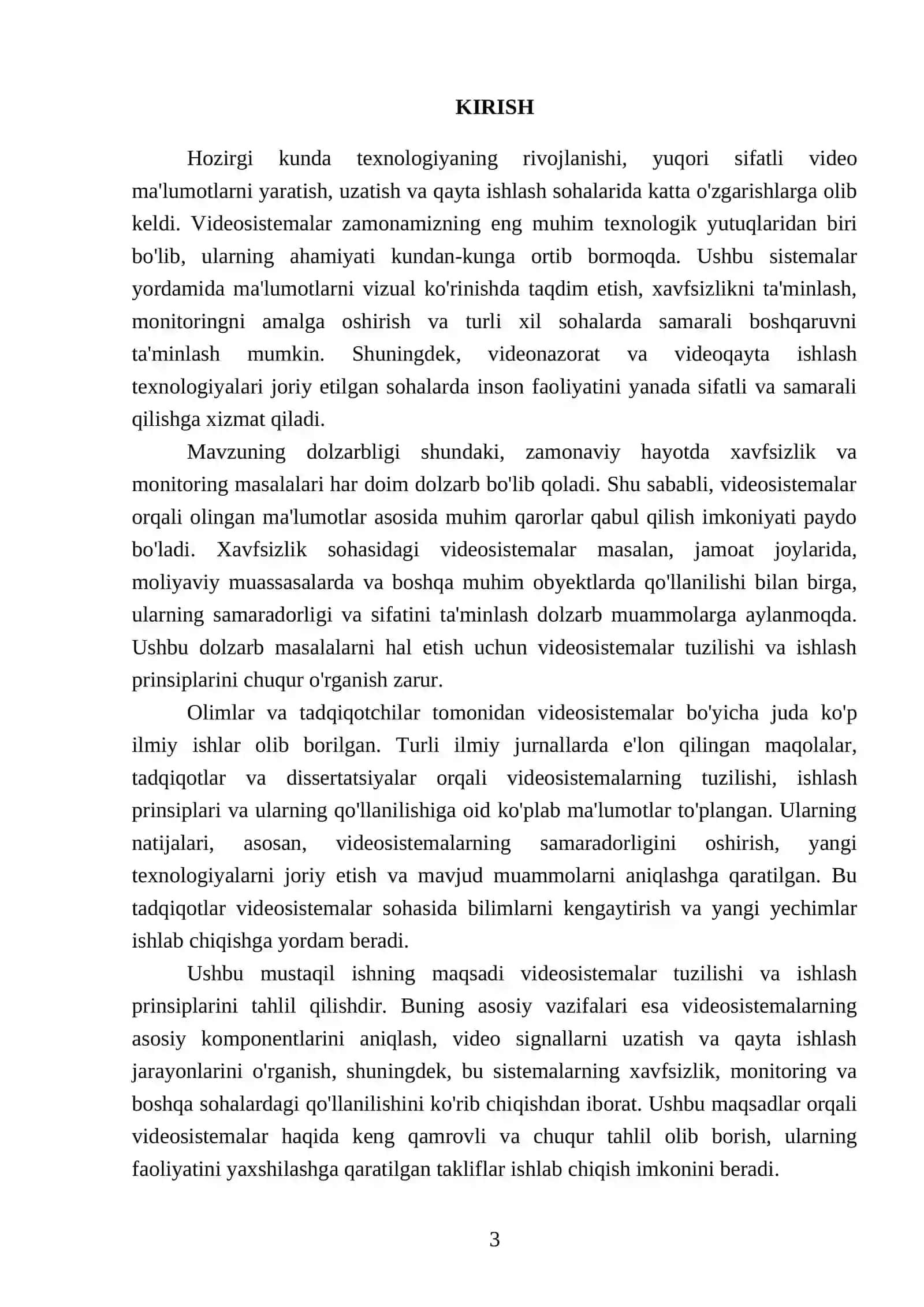 Videosistemalar tuzulishi va ishlash prinsipilari bo‘yicha tahliliy ma’lumot (esse) tayyorlash 3