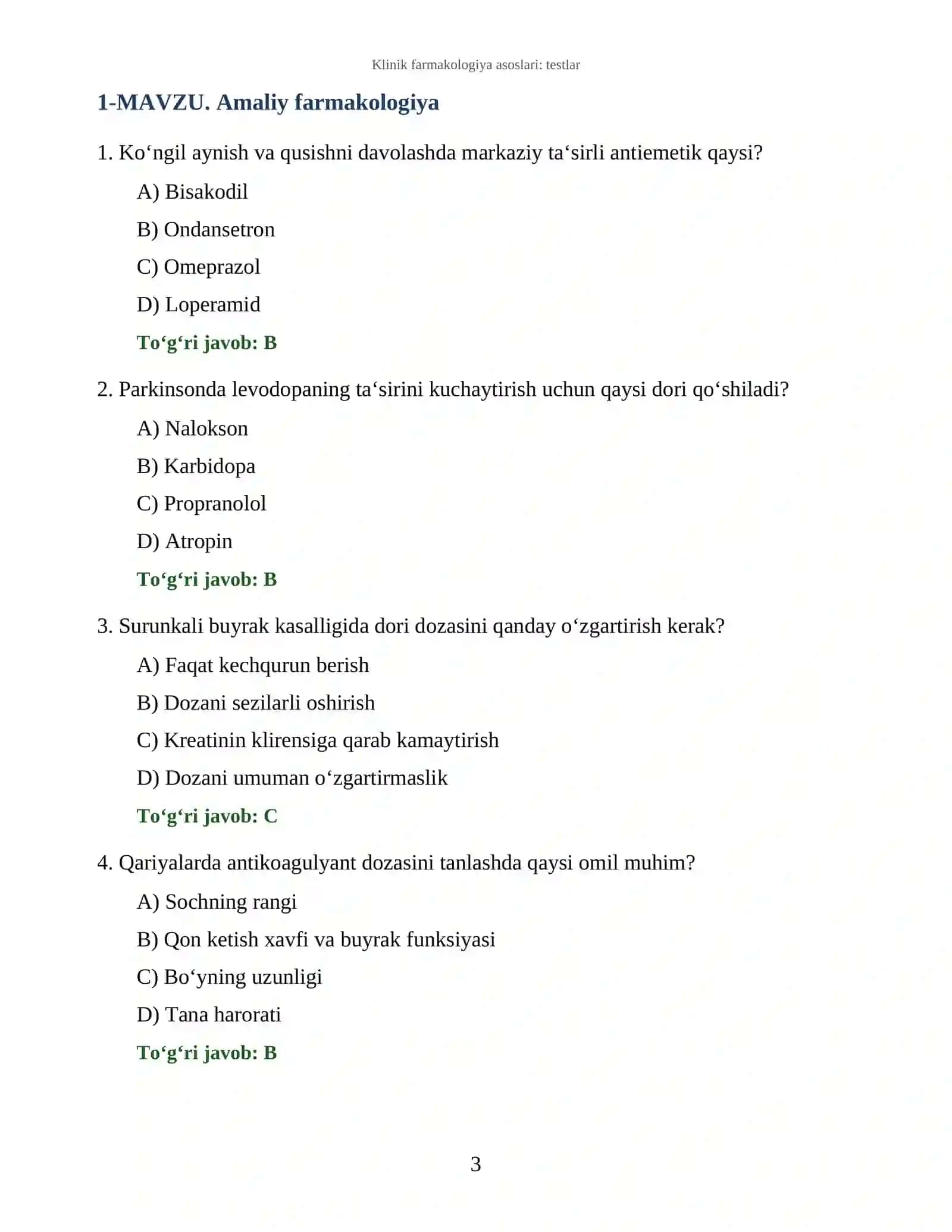 Klinik farmakologiya asoslari: testlar 3