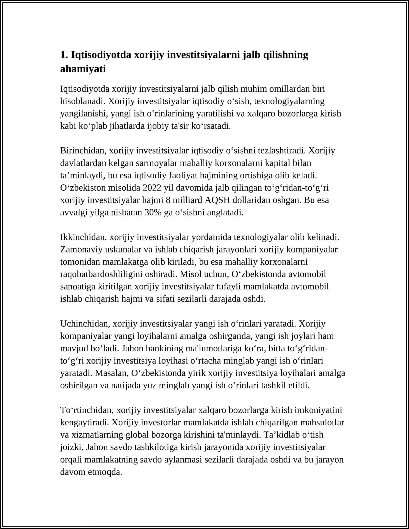 MUSTAQIL ISH Mavzu: IQTISODIYOTNING REAL SEKTOR KORXONALARNI MOLIYALASHTIRISHDA XORIJIY INVESTITSIYALARNI JALB QILISH 3