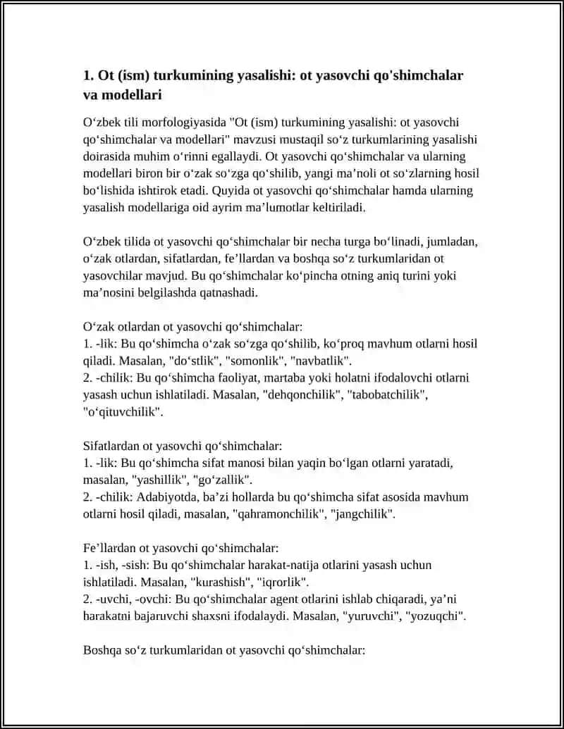 Ot (ism) turkumining yasalishi: ot yasovchi qo'shimchalar va modellari 3